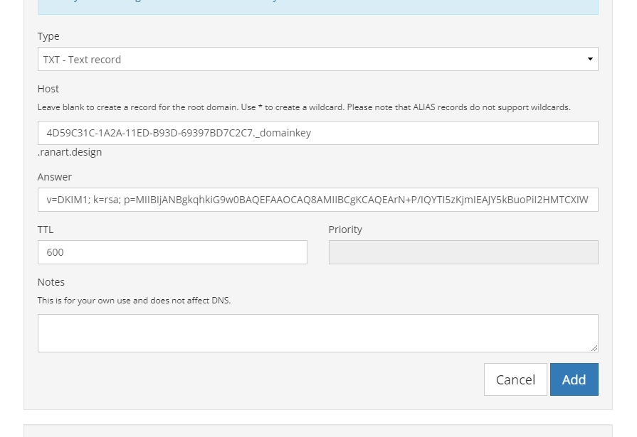record dkim domain is